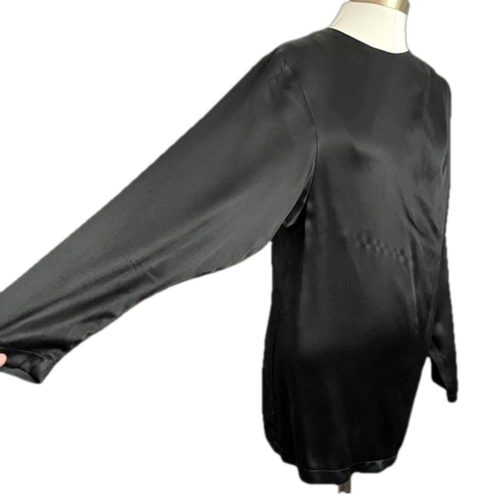 Vintage 80s Black Long Sleeve Batwing Satin Blouse - Medium - Picture 6 of 11